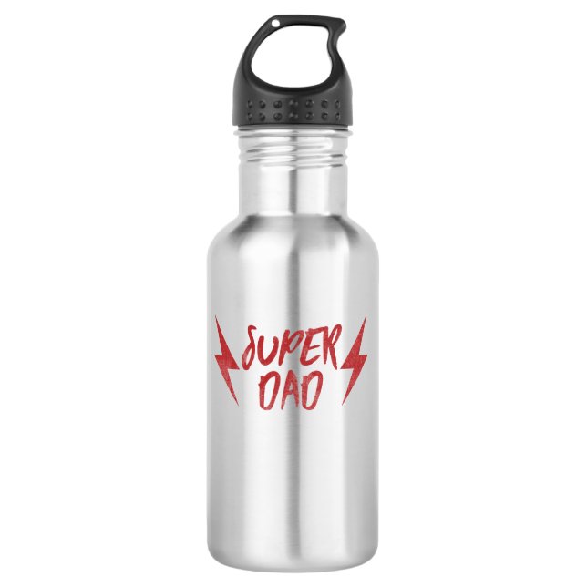 Red Super Dad Lightning Bolt Rock'n Roll Script Water Bottle (Front)