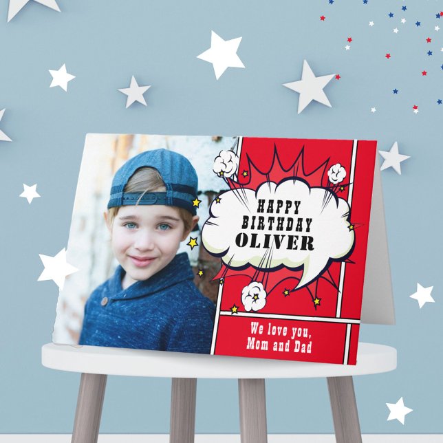 Red Superhero Comic Boy Photo Birthday Card (Creator Uploaded)
