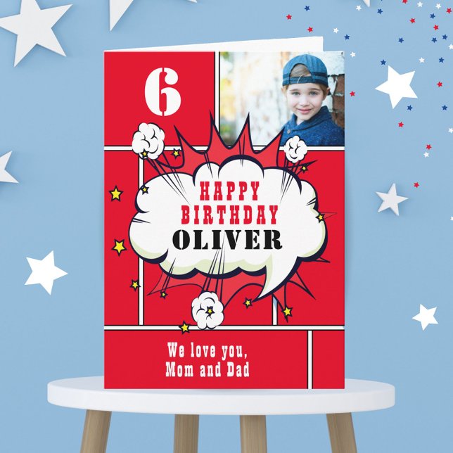 Red Superhero Comic Bubble Boy Photo Birthday Card (Creator Uploaded)