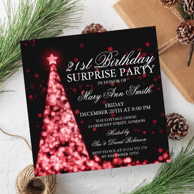 Red Surprise 21st Birthday Christmas Lights Invitation (Red Surprise 21st Birthday Christmas Lights Invitation)