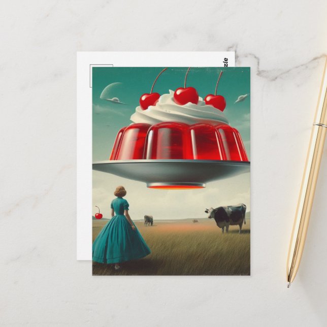 Red Surreal Sweet Treat in Dairy Pasture Postcard (Front/Back In Situ)