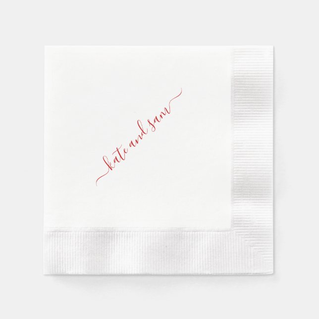 Red Swash Script Personalized Coined Wedding Napkins (Front)