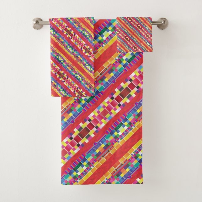 red swatches, stripes, and colorful pixels bath towel set (Insitu)