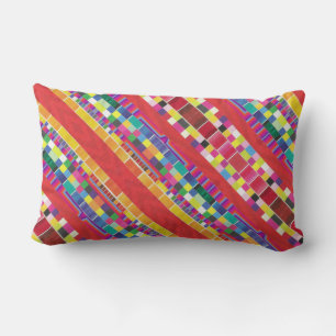 red swatches, stripes, and colorful pixels lumbar pillow