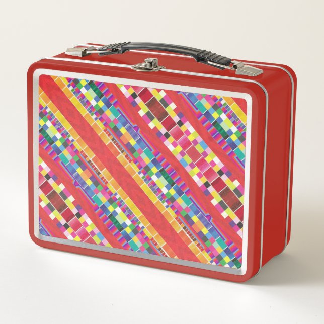 red swatches, stripes, and colorful pixels metal lunch box (Front)