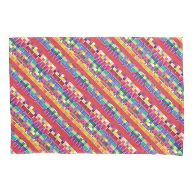 red swatches, stripes, and colorful pixels pillow case (Front)