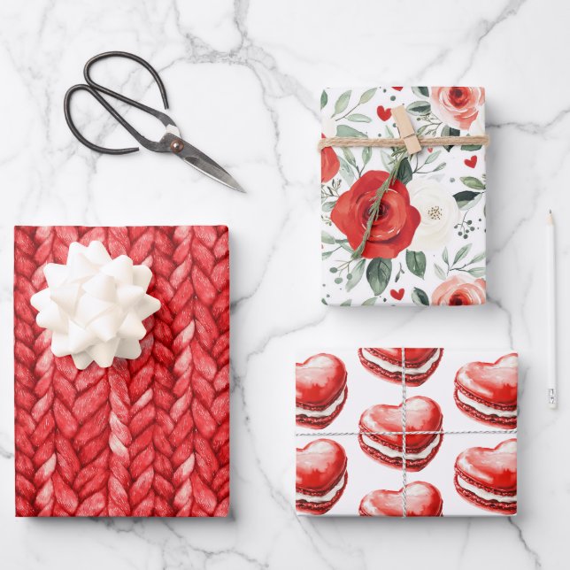 Red Sweater Floral Heart Macaroons Birthday Wrapping Paper Sheets (Front)