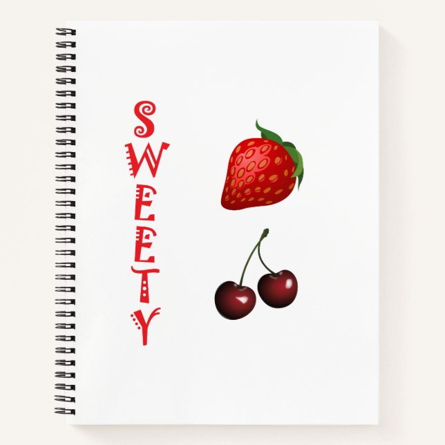 Red Sweaty Sawberry and Cherry Colorful Fruits Notebook (Front)