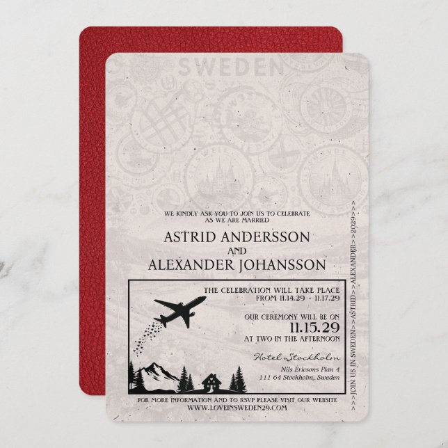 Red Sweden Passport Wedding Invitation (Front/Back)