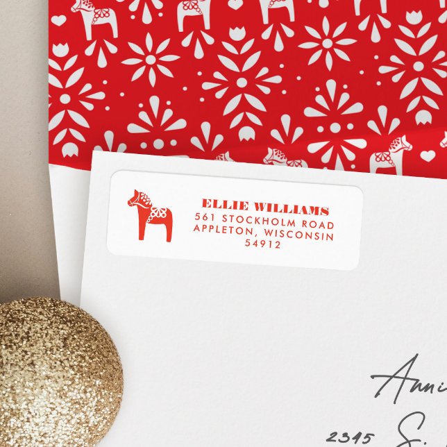 Red Swedish Dala Horse Holiday Return Address Label (red and white Swedish Dala horse return address label)