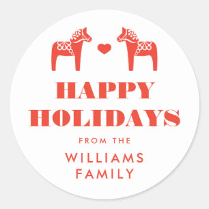 Red Swedish Dala Horse Holiday Round Gift Sticker