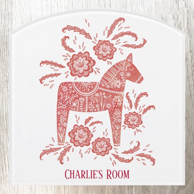Red Swedish Dala Horse Personalized Door Sign (Swedish Dala Horse red and white folk art personalized name room sign)