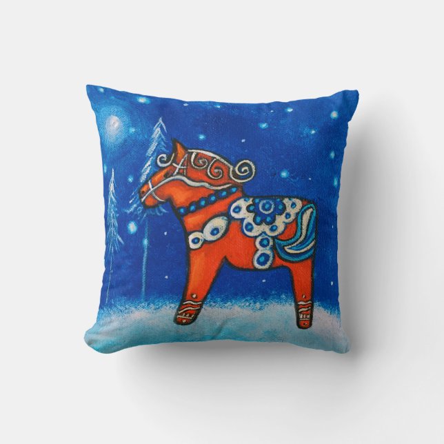 Red Swedish Dala Horse Whimsical Art Throw Pillow (Front)