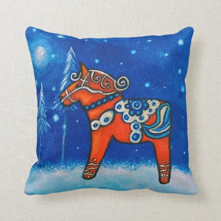 Red Swedish Dala Horse Whimsical Art Throw Pillow