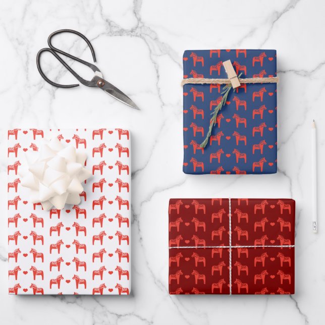 Red Swedish Dala Horse with Hearts Holiday Wrapping Paper Sheets (Front)
