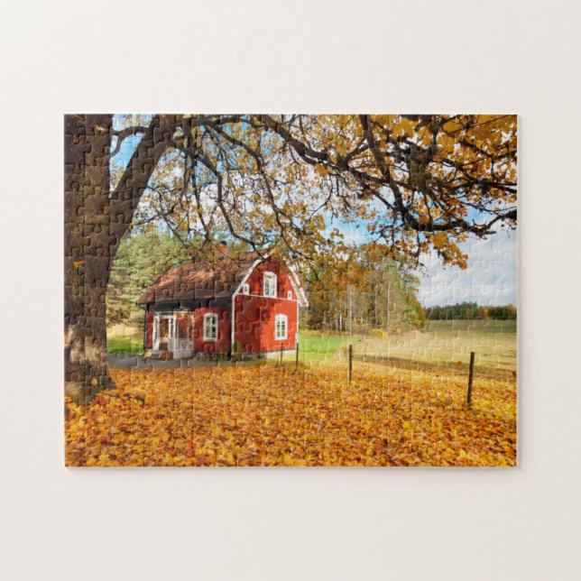 Red Swedish House Amongst Autumn Leaves Jigsaw Puzzle (Horizontal)