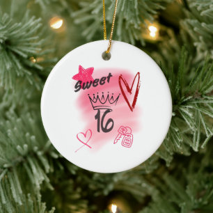 Red Sweet 16 Airbrush Aesthetic Topped with Crown Ceramic Ornament