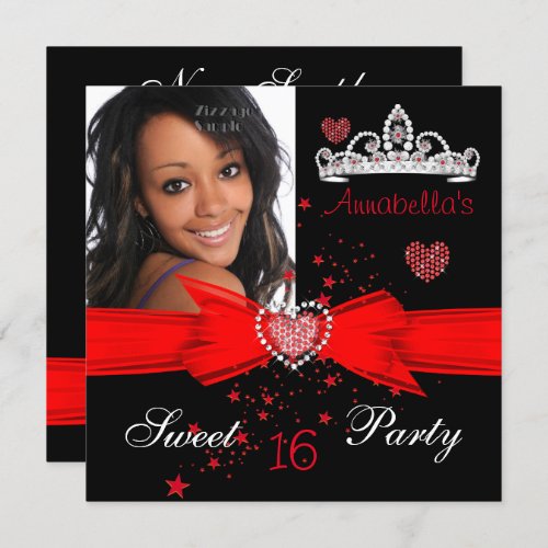 Red Sweet 16 Birthday Diamond Tiara Photo Invitation