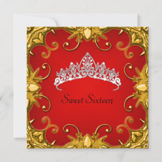 Red Sweet 16 Birthday Party Gold White Tiara Invitation