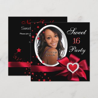 Red Sweet 16 Birthday Party Heart Photo Silver Invitation