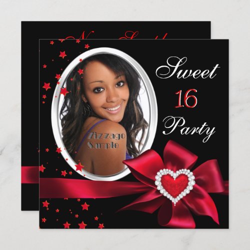 Red Sweet 16 Birthday Party Heart Photo Silver Invitation