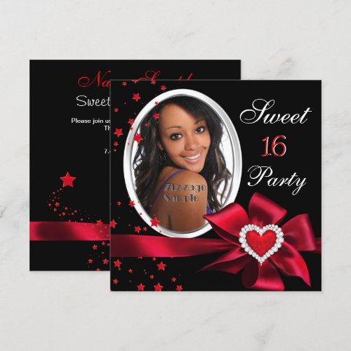 Red Sweet 16 Birthday Party Heart Photo Silver Announcements