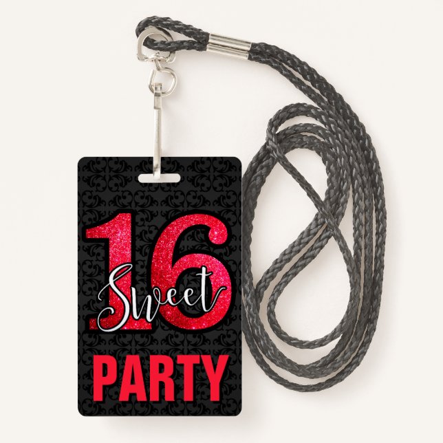Red Sweet 16 Birthday Party Invitation ID Card Badge (Front with Lanyard)