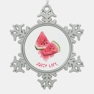 Red Sweet Juicy Watermelon Pieces Tasty - Drawing Snowflake Pewter Christmas Ornament