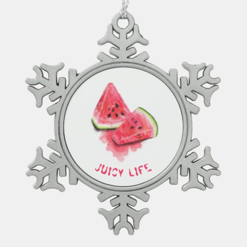 Red Sweet Juicy Watermelon Pieces Tasty _ Drawing  Snowflake Pewter Christmas Ornament