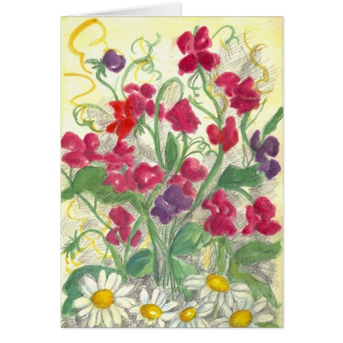 Red Sweet Pea Flower Garden Watercolor Blank Card