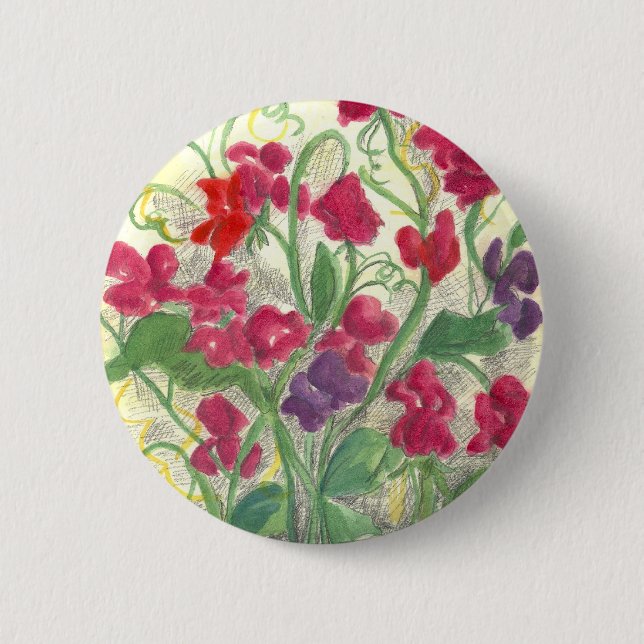 Red Sweet Pea Flower Garden Watercolor Drawing Pinback Button (Front)