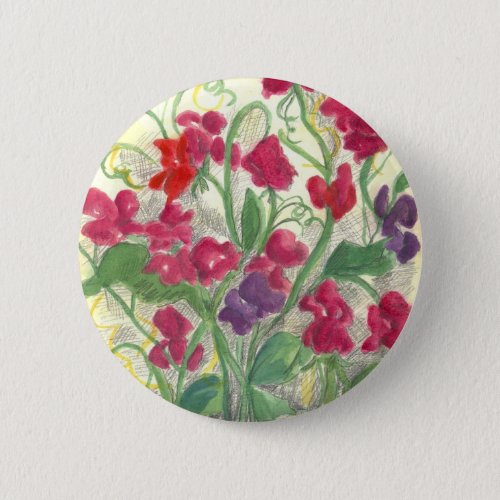 Red Sweet Pea Flower Garden Watercolor Drawing Pinback Button