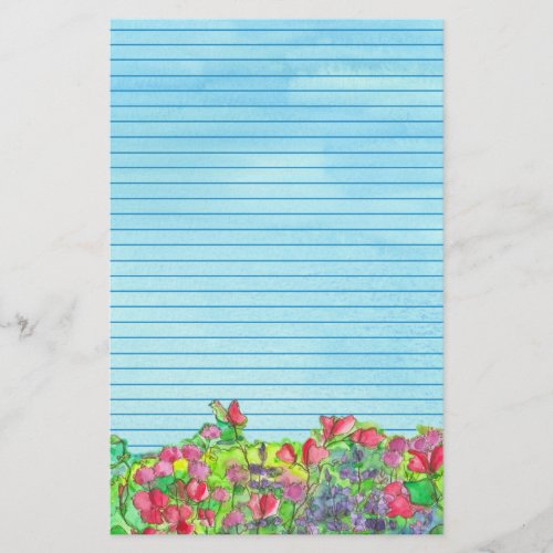 Red Sweet Peas Blue Lined Stationery
