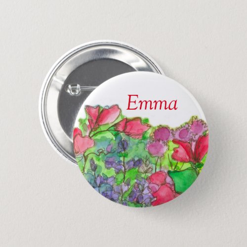 Red Sweet Peas Name Tag Pinback Button