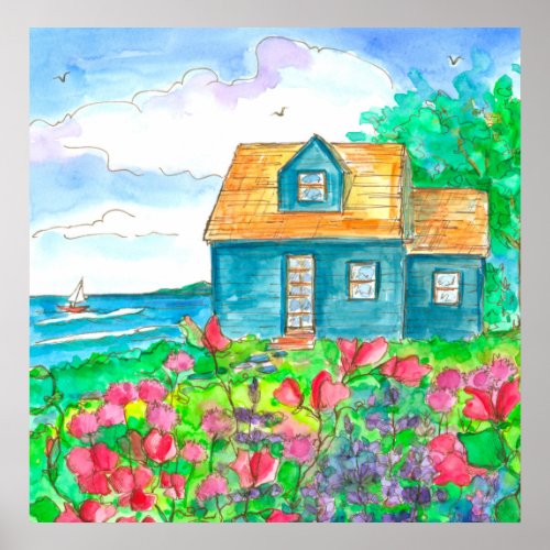 Red Sweet Peas Seaside Cottage Watercolor Poster
