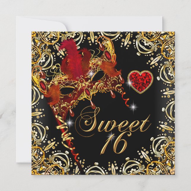 Red Sweet Sixteen Sweet 16 Masquerade Gold Invitation (Front)