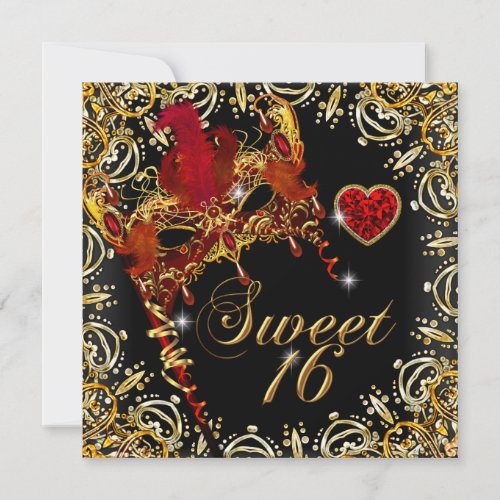 Red Sweet Sixteen Sweet 16 Masquerade Gold Invitation