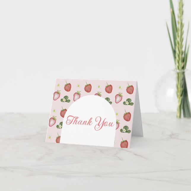 Red Sweet Strawberry Girl 1st Birthday Party Thank You Card (Front)