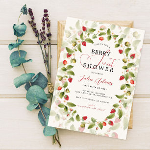 Red Sweet Strawberry Wildflower Wreath Baby Shower Invitation