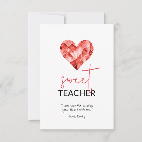 Red Sweet Teacher Watercolor diamond Heart Thank You Card