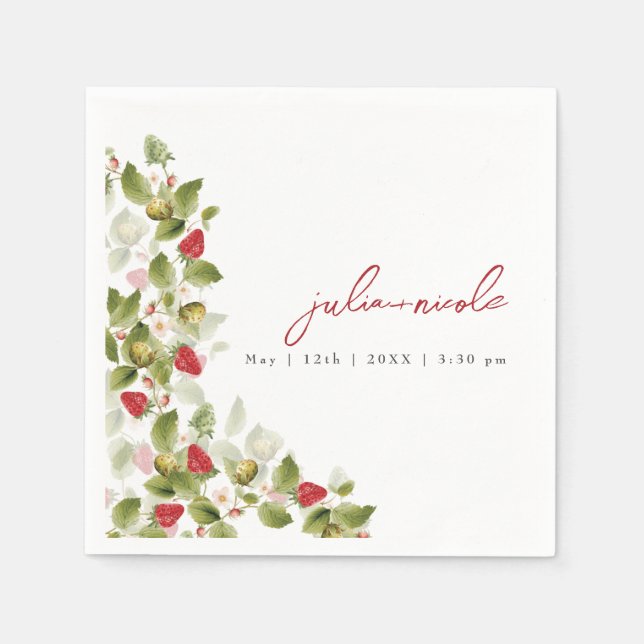 Red Sweet Wild Strawberry Flowers Wedding Napkins (Front)