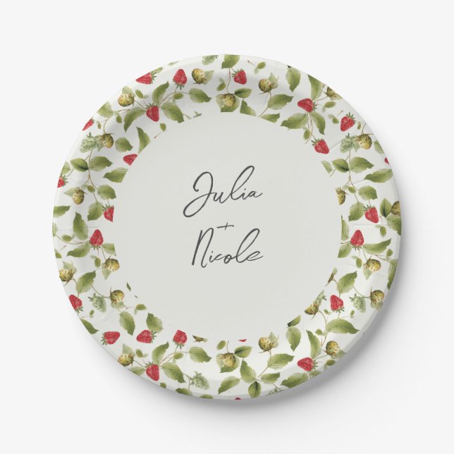 Red Sweet Wild Strawberry Flowers Wedding Paper Plates (Front)