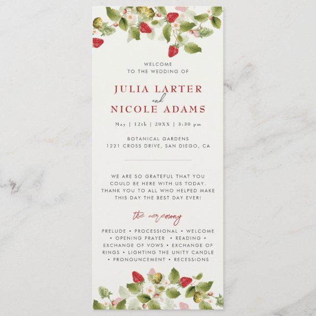 Red Sweet Wild Strawberry Flowers Wedding Program (Front)