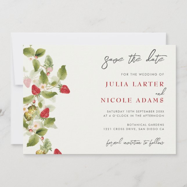 Red Sweet Wild Strawberry Flowers Wedding Save The Date (Front)