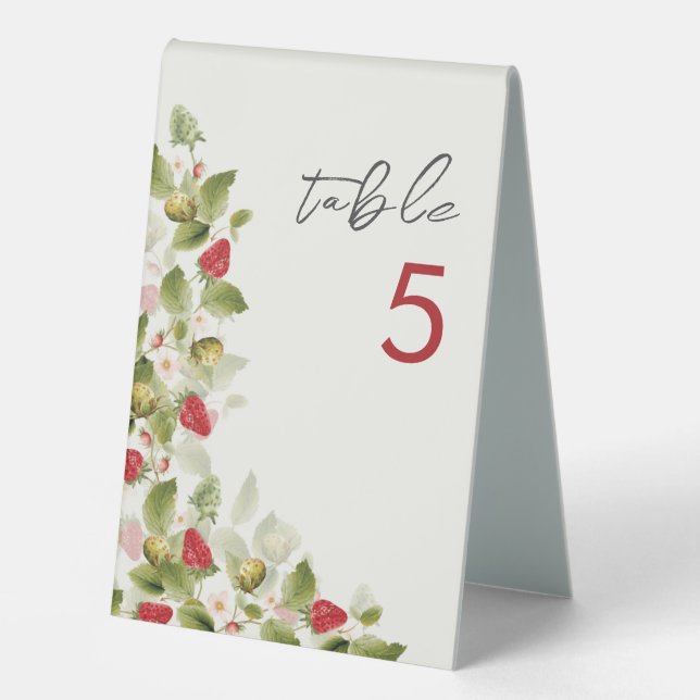 Red Sweet Wild Strawberry Flowers Wedding Table Tent (Front)
