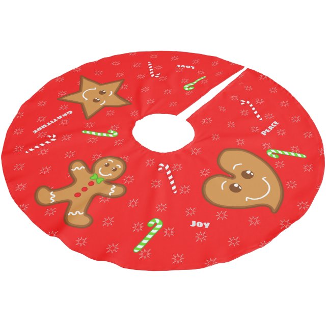 Red sweet XmaS Gingerbread Pals-Candy Cane Text Brushed Polyester Tree Skirt (Angled)