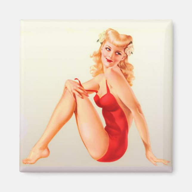 Red Swimsuit Blonde Vixen Pinup Magnet (Front)