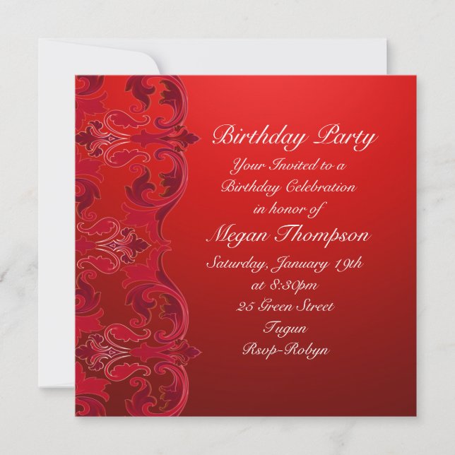 Red Swirl Damask Birthday Invitation (Front)