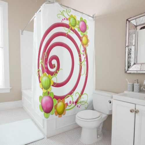 Red Swirl Floral Shower Curtain