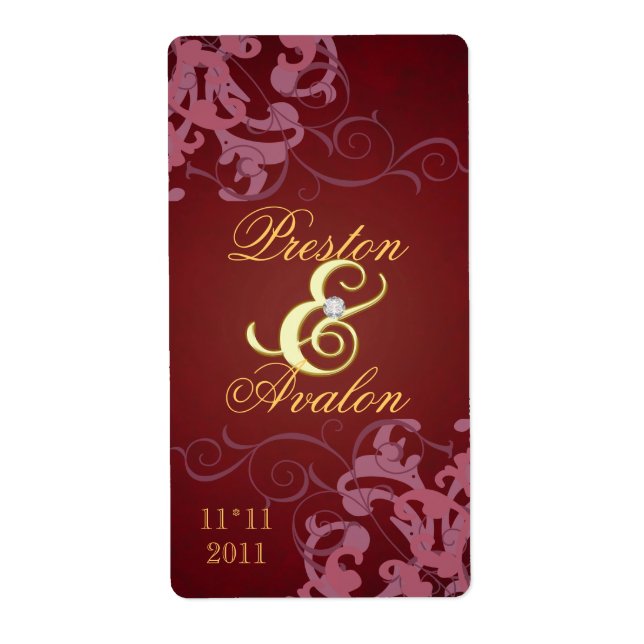 Red Swirl Gold Jeweled Wedding Wine Label (Front)
